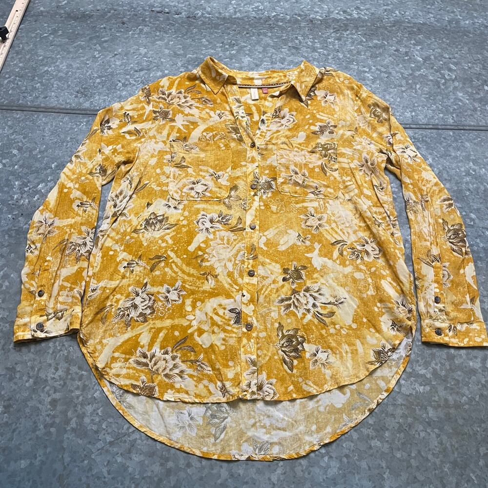 Anthropologie Pilcro Romy Batik Floral Button Down Shirt Large Yellow Blouse Top - Picture 3 of 11